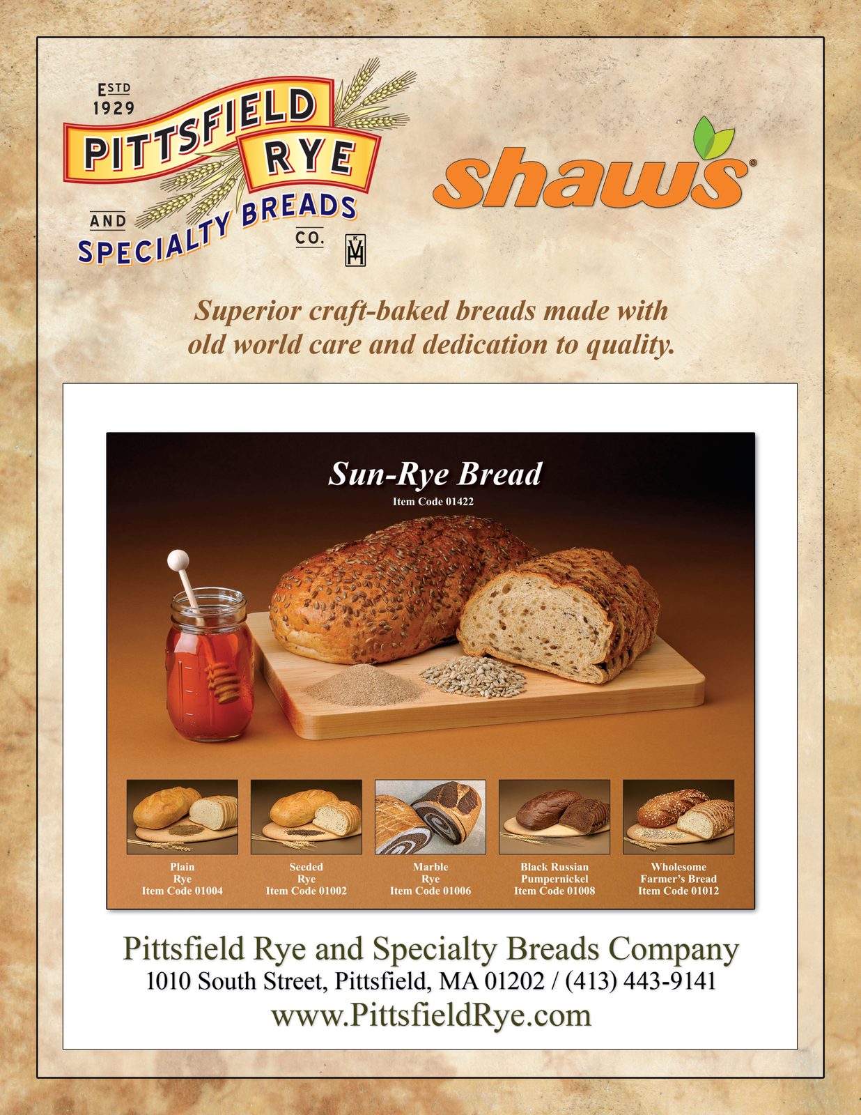 Pittsfield Rye Shaw's sell sheet